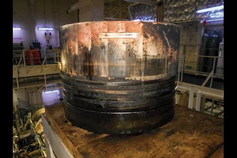 Example of a piston with scuffing and deposits. (Photo courtesy of Chevron Marine Lubricants, 2020)